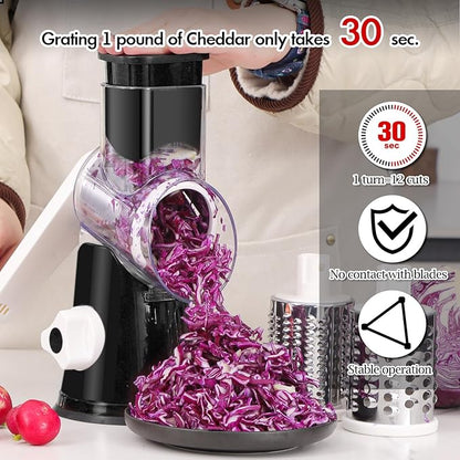 Ourokhome Rotary Cheese Grater Hand Crank, Kitchen Shredder Speed Mandolin Slicer Ice Shaver with Handle and Drum Blades for Cheese, Vegetable, Nuts, Chocolate, Potato, Carrot, 5 Blades, Black - Image 6