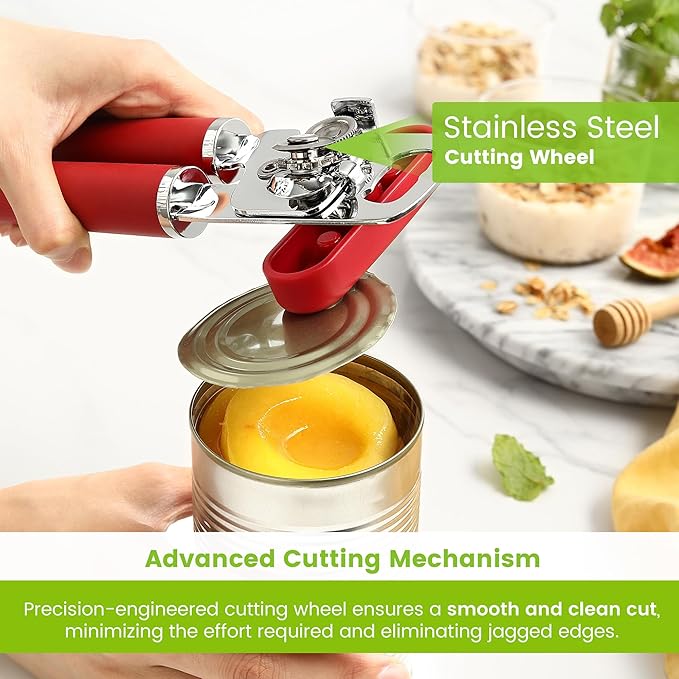 Spring Chef Stainless Steel Can Opener - Manual with Soft Grip Handles, Easy Turn, Heavy Duty Hand Can Opener for Seniors with Smooth Edge - Red - Image 5