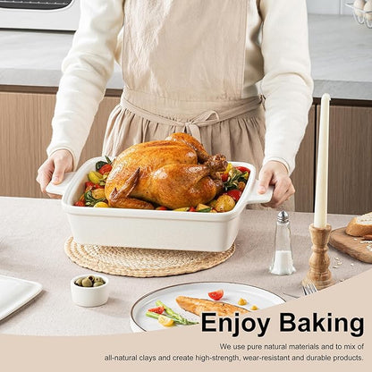 DAFUCERAMIC Casserole dish with Lid, 3.5 Quart Porcelain Baking Dish With Lid, Deep 13 x 9 Casserole Dishes for Oven with Lid, Rectangular Bakeware With Handle, Microwave, Oven Safe