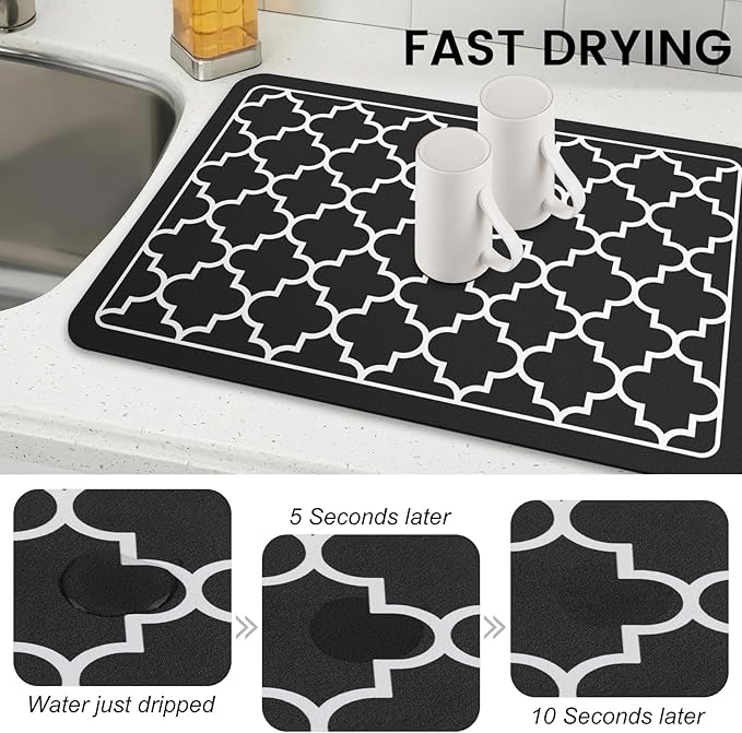 WISELIFE Dish Drying Mat Super Absorbent Drying Mat Large Dish Drying Mats for Kitchen Counter Easy Clean Dish Mat Kitchen Drying Mat16"x 24" Stylish Black - Image 3