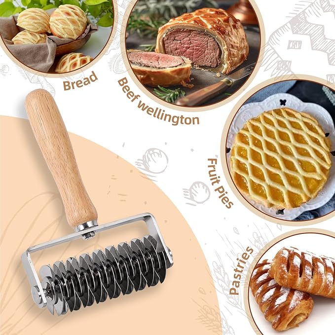 Pastry Lattice Roller Cutter, Stainless Steel Lattice Dough Cutter Wood Handle, Professional Pastry Crust Cutter, Household Time-Saver Cutting Tool Pie Bread Beef Wellington Pizza - Image 3