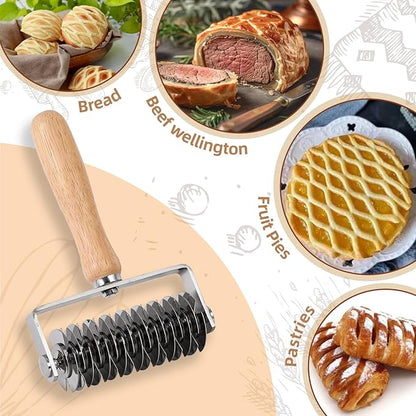 Pastry Lattice Roller Cutter, Stainless Steel Lattice Dough Cutter Wood Handle, Professional Pastry Crust Cutter, Household Time-Saver Cutting Tool Pie Bread Beef Wellington Pizza - Image 3