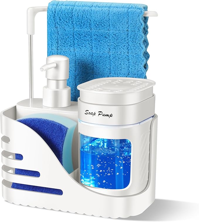 Kitchen Soap Dispenser Set, 4-in-1 Dual Hand and Dish Soap Dispenser with Sponge Holder and Dishcloth Holder for Kitchen Sink (White) by Eavida