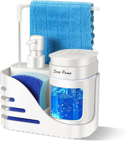Kitchen Soap Dispenser Set, 4-in-1 Dual Hand and Dish Soap Dispenser with Sponge Holder and Dishcloth Holder for Kitchen Sink (White) by Eavida