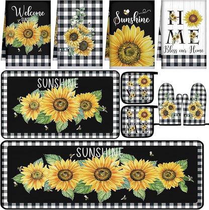 Fourluoo 10 Pcs Sunflower Kitchen Decor 4 White and Black Buffalo Plaid Kitchen Towels 2 Buffalo Check Pot Holders 2 Rustic Sunflower Oven Mitts 2 Yellow Rugs for Cooking Baking Mom Housewarming Gift by Fourluoo