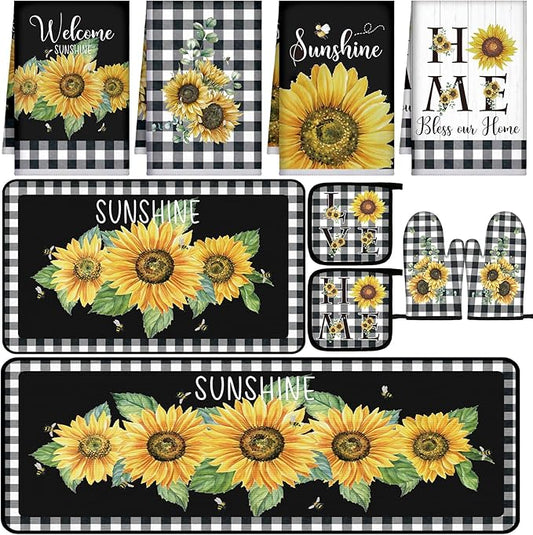 Fourluoo 10 Pcs Sunflower Kitchen Decor 4 White and Black Buffalo Plaid Kitchen Towels 2 Buffalo Check Pot Holders 2 Rustic Sunflower Oven Mitts 2 Yellow Rugs for Cooking Baking Mom Housewarming Gift by Fourluoo