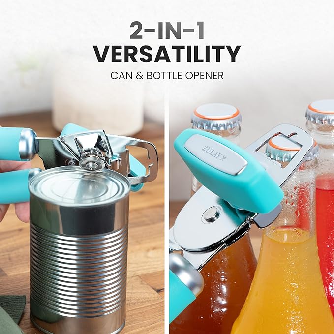 Zulay Kitchen Heavy Duty Stainless Steel Can Opener Manual with Bottle Opener - Rust Proof Manual Can Opener With Turn Knob & Comfy Soft Grip Handles - Turquoise - Image 7