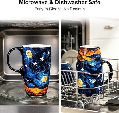 Topadorn Ceramic Coffee Travel Mug with Lid and Handle - 17 Oz Large Ceramic Latte Teacup with Color Box, Splash Resistant Lid - To Go Tumbler for Car Cup Holder, Starry Sky