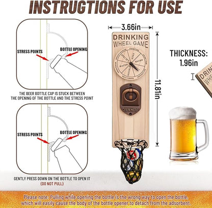 Magnetic Bottle Openers with Catcher, Wall Mounted Wooden Beer Bottle Opener with Game Roulette, Traceless Corkscrew, Home Bar Accessories for Kitchen, Outdoor, Ideal Beer Gifts for Men (Style 9)