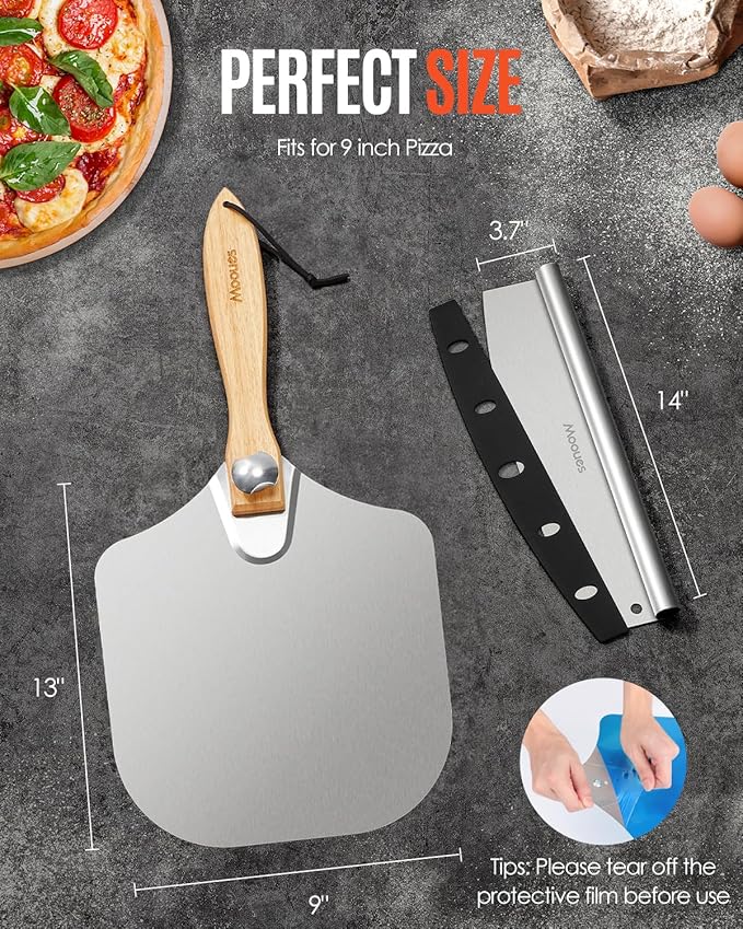 Pizza Peel Aluminum Pizza Spatula,9 inch Metal Pizza Paddle(13"x 9") with Rocker Cutter Foldable Wood Handle, [Storage bag included], for Family Pizza Oven Baking Pizza, Dough, Bread & Pastry - Image 5