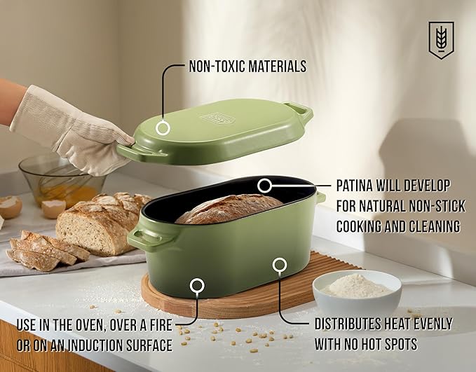 Kook Dutch Oven, for Bread Baking, Sourdough Loaf Pan, Dual Handles, Enameled Cast Iron, with Sling, Dishwasher Safe, Oven safe 500F, 3.4 Qt, Sage Ombre - Image 3
