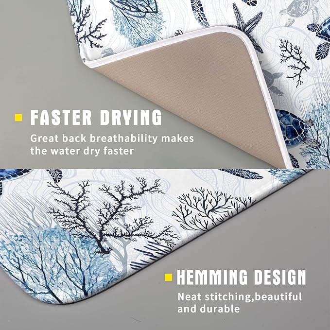 Giwawa 16"x18" Coastal Sea Turtles Dish Drying Mat Nautical Ocean Tortoise Coral Starfish Dish Drainer Mats for Kitchen Microfiber Reversible Dish Drying Rack Pad for Countertop Tabletop Decor