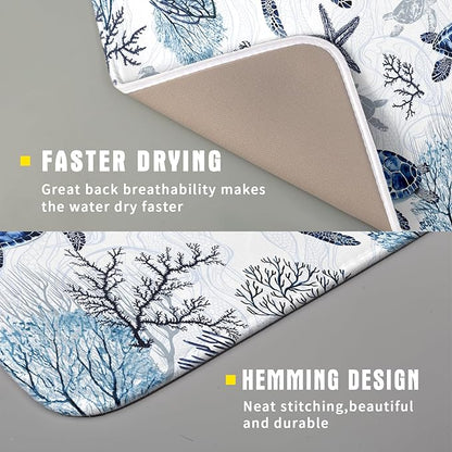 Giwawa 16"x18" Coastal Sea Turtles Dish Drying Mat Nautical Ocean Tortoise Coral Starfish Dish Drainer Mats for Kitchen Microfiber Reversible Dish Drying Rack Pad for Countertop Tabletop Decor
