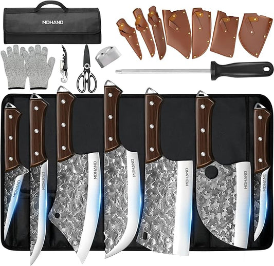 MDHAND Butcher Knife Set, 14PCS Hand Forged Butcher Chef Knife Set with Roll Bag, Heavy Duty Meat Cleaver, Fillet Knives, Meat Cutting Knife for Home Kitchen & Camping BBQ, Gifts for Men Women