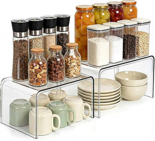Clear Cabinet Organizer, Shelf Organizer Set of 2 for Kitchen Pantry Organizers and Storage, Display Cabinet Shelf Room Decor Countertop Desk Shelves, Patented Spice Organization for Cabinet by BobomomentHome