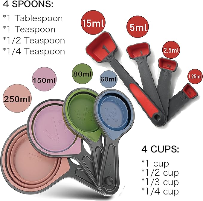 Collapsible Silicone Soft Measuring Cups and Measuring Spoons,8 pieces Portable Food Grade Silicone Cup for Liquid & Dry Measuring Baking &Utensils & Travel Measuring Cup，space saver (Pink) - Image 2