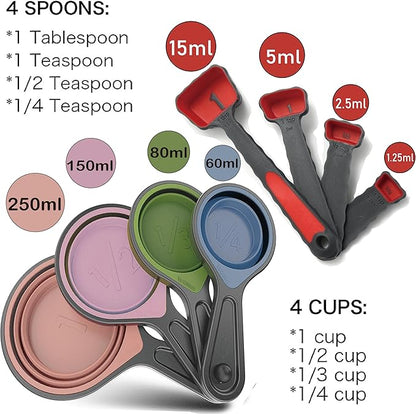 Collapsible Silicone Soft Measuring Cups and Measuring Spoons,8 pieces Portable Food Grade Silicone Cup for Liquid & Dry Measuring Baking &Utensils & Travel Measuring Cup，space saver (Pink) - Image 2