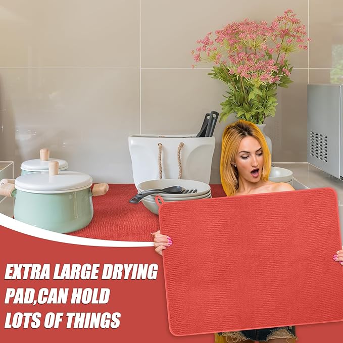 Hushee 2 Pack Extra Large Dish Drying Mat Microfiber Absorbent Dish Drying Pad Large Size Dishes Drainer Mats for Countertop, Sink, Refrigerator or Dryer (30 x 24 Inch,Red) - Image 5