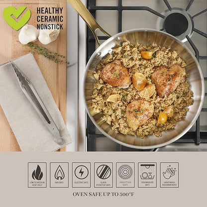 Martha Stewart Castelle 12-Inch Stainless Steel Frying Pan with Gold-Tone Handle – Tri-Ply Encapsulated Bottom, Oven Safe & Induction Safe Skillet for Searing and Sautéing - Image 6