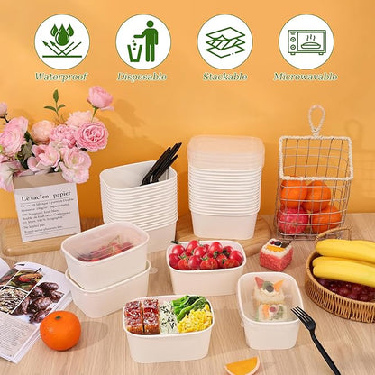 DI QIU REN 50-Pack 35oz Disposable Meal Prep Containers with Lids & Forks, Kraft Paper Bowls To Go Take Out Food Containers with Lids, Microwave & Freezer Safe (White Kraft Paper, 35oz 50 Count)