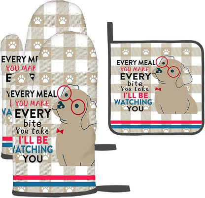 Funny Dog Oven Mitts and Pot Holders Sets of 3 Heat Resistant Hot Pads Cute Oven Gloves for Cooking Grilling Baking Kitchen Decor, Kitchen Gifts for Cooks Baker Cooking Lover Women by Unknown