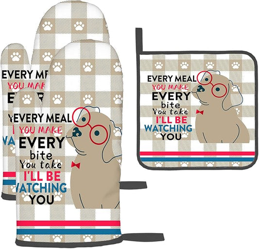 Funny Dog Oven Mitts and Pot Holders Sets of 3 Heat Resistant Hot Pads Cute Oven Gloves for Cooking Grilling Baking Kitchen Decor, Kitchen Gifts for Cooks Baker Cooking Lover Women by Unknown