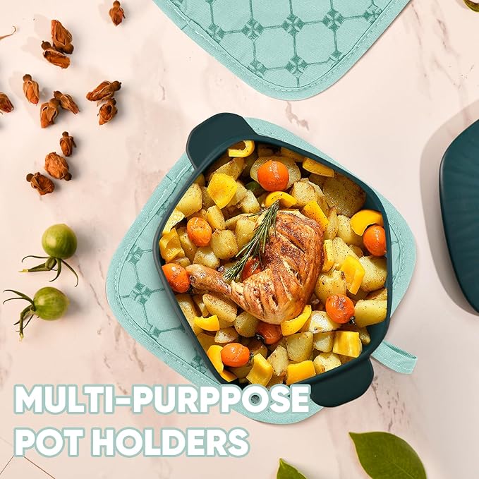 Oven Mitts Kitchen Towels Dishcloths with Pot Holders Sets 12PCS,Dish Towels Sets,Oven Gloves Pot Pads Heat Resistant 500 Degrees with Non-Slip Silicone Surface for Cooking Baking Grilling-Mint Green - Image 5