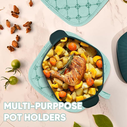 Oven Mitts Kitchen Towels Dishcloths with Pot Holders Sets 12PCS,Dish Towels Sets,Oven Gloves Pot Pads Heat Resistant 500 Degrees with Non-Slip Silicone Surface for Cooking Baking Grilling-Mint Green - Image 5