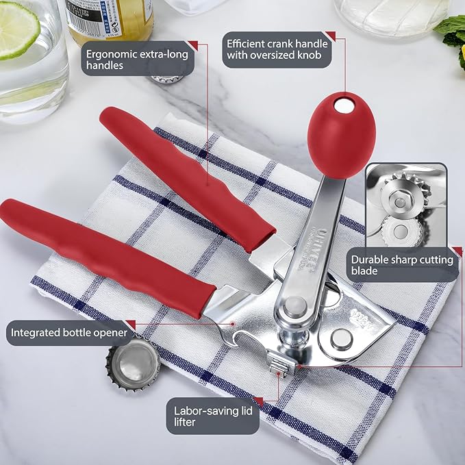 Commercial Can Opener, UHIYEE Hand Crank Can Opener Manual Heavy Duty with Comfortable Extra-long Handles, Oversized Knob, Large Handheld Can Open Easy for Big Cans, Red - Image 2