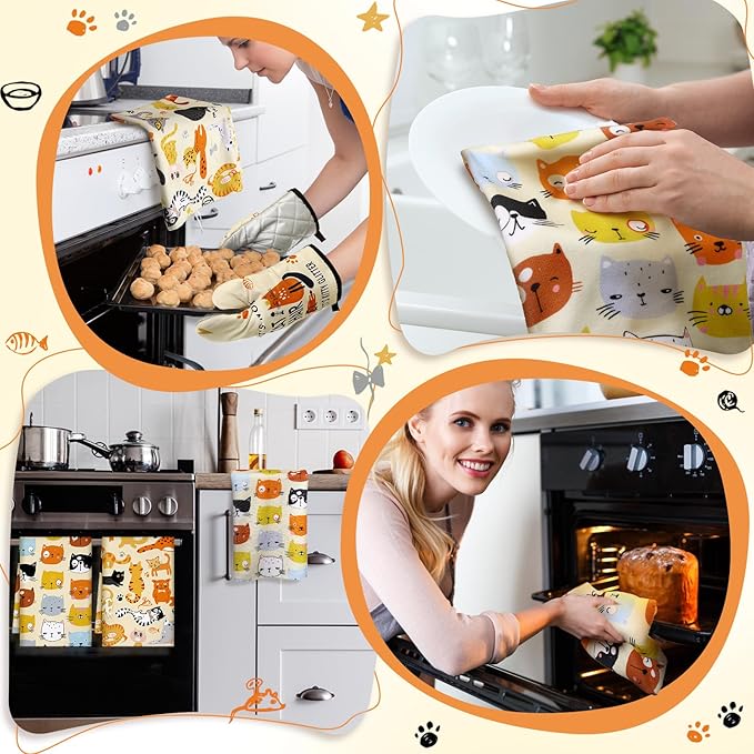 Jingmore 6 Pcs Kitchen Decor Set Accessorie Farmhouse Kitchen Towels Pot Holders Oven Mitts Set 2 Dish Towels 2 Pot Holders 2 Cooking Mittens Oven Glove for Cooking(Vivid Color,Cat) - Image 4