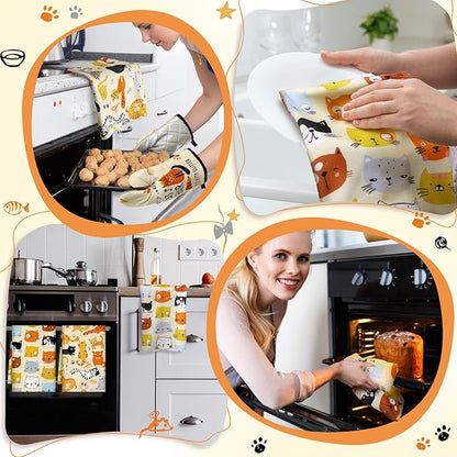 Jingmore 6 Pcs Kitchen Decor Set Accessorie Farmhouse Kitchen Towels Pot Holders Oven Mitts Set 2 Dish Towels 2 Pot Holders 2 Cooking Mittens Oven Glove for Cooking(Vivid Color,Cat) - Image 4
