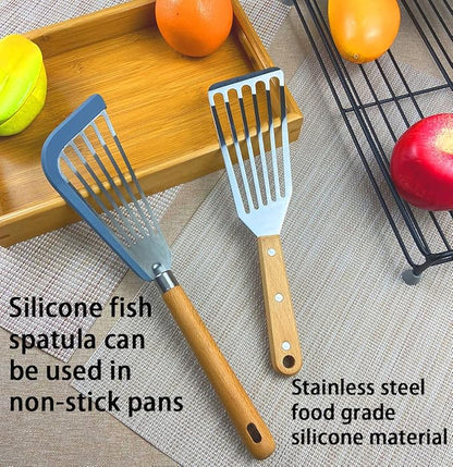 KLAQQED Fish Spatula Set for Nonstick Cookware Flexible Metal Fish Spatula Stainless Steel Small Fish Slotted Spatula Turner with Wood Handle