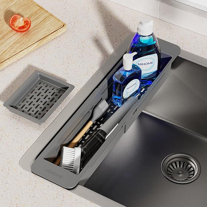 NiHome Extendable Over Sink Kitchen Organizer, Small Telescopic Brush Storage Rack for Sponge, Non-Slip Pads Expandable Sink Caddy, Adjustable Sponge/Brush Rack with Drainage Durable ABS (Dark Gray) - Image 9