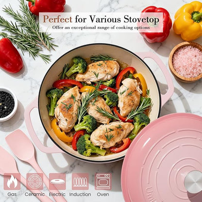 Umite Chef 6QT Enameled Cast Iron Dutch Oven with Lid, Versatile Heavy-Duty Cookware Pot for Baking Bread, Braising, Soups & Stews, Oven & Stovetop Safe with Heat Resistant Gloves(Pink) - Image 4