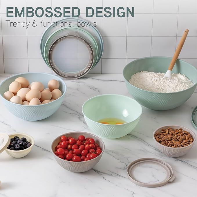 COOK WITH COLOR Mixing Bowls with Lids - 12 Piece Plastic Nesting Bowls Set includes 6 Prep Bowls and 6 Lids, Microwave Safe Mixing Bowl Set, Mint Rhombus - Image 3