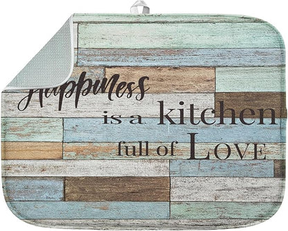 Sanwarm Absorbent Dish Drying Mat, Happiness Is A Kitchen Full of Love Microfiber Pad for Kitchen Counter, Coffee Bar Decor, Heat Resistant and Reversible, 16" x 18"