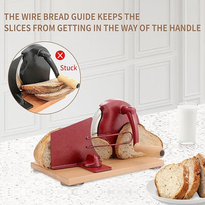 CAWIU Manual Bread Slicer with Hand Crank- Adjustable Thickness Bread Cutter for Even Slices, Perfect for Homemade Sourdough, Sandwich, and More, Red