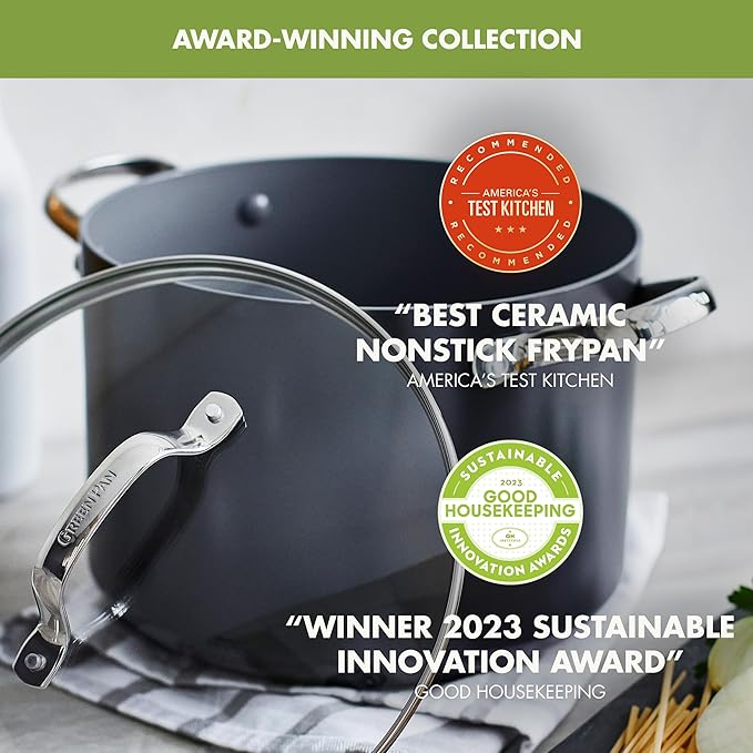 GreenPan Valencia Pro Hard Anodized Healthy Ceramic Nonstick 8QT Stock Pot with Lid, PFAS-Free, Induction, Dishwasher Safe, Oven Safe, Gray - Image 2