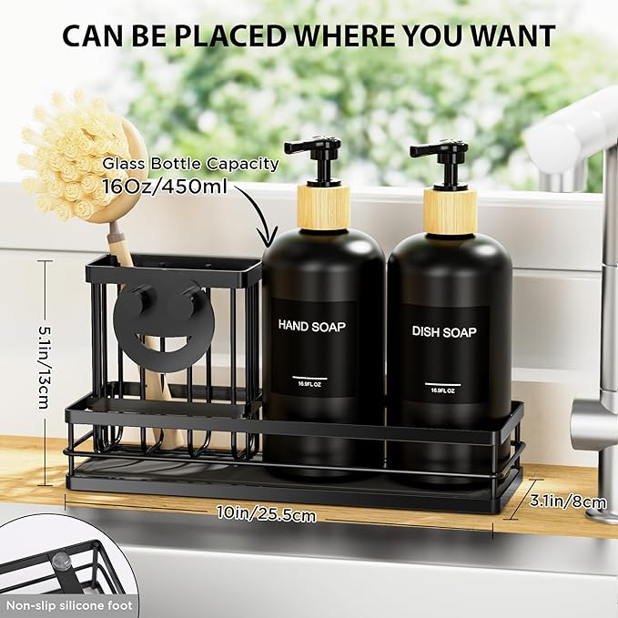 Moforoco Kitchen Dish Soap Dispenser Set, 16OZ Glass Bottle, Hand and Dish Soap Dispenser Set, Instant Dry Tray, Brush Holder with Smiley Face Sponge Holder (Black Tray+Black Bottle+Labels) - Image 3