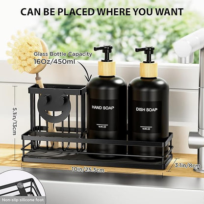 Moforoco Kitchen Dish Soap Dispenser Set, 16OZ Glass Bottle, Hand and Dish Soap Dispenser Set, Instant Dry Tray, Brush Holder with Smiley Face Sponge Holder (Black Tray+Black Bottle+Labels) - Image 3