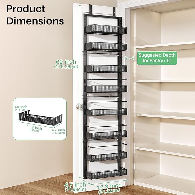 8 Tiers Over the Door Organizer - Height Adjustable Pantry Organizers and Storage with Dense Mesh Baskets, Anti-Swing Hanging Door Spice Rack for Kitchen Bathroom (Black, 12.3"W x 4.7"D x 69"H) - Image 2