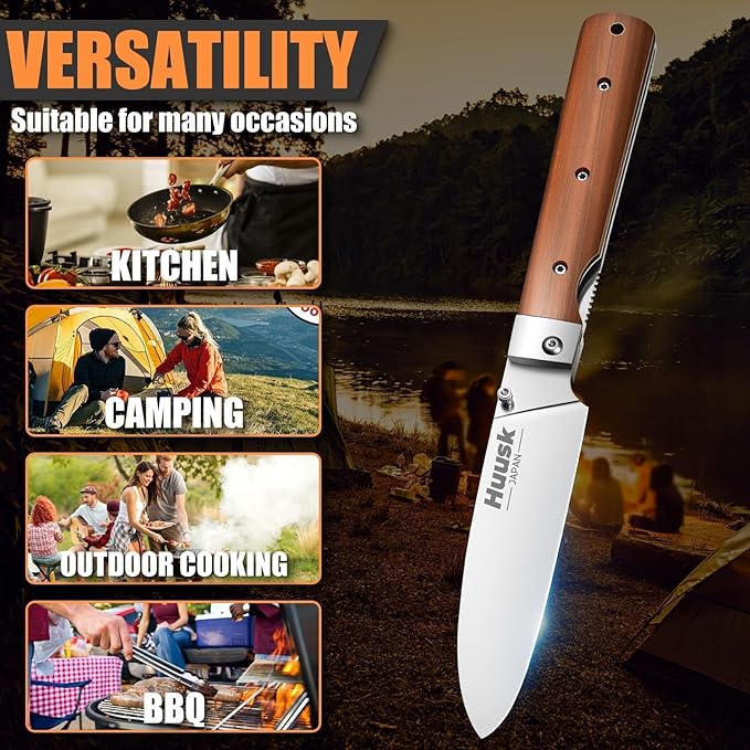 Huusk Folding Chef Pocket Knife - Japanese Santoku Knives, edc Kitchen Knives with 440C Stainless Steel Ultra Sharp Blade, Portable Meat Knives for Vegetable, Christmas Gift for Men and Women