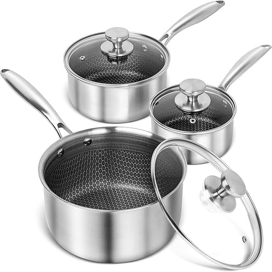 MICHELANGELO Triply Stainless Steel Pot Set, Hybrid Nonstick Saucepan Set with Lids, Induction Compatible Heavy Duty Sauce Pan 1QT & 2QT & 3QT, Honeycomb Interior, Dishwasher Safe Cookware - 6 Piece by Michelangelo