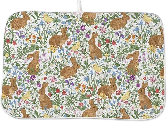 Spring Easter Dish Drying Mat 18 x 24 inch Vintage Rabbit Bunny Decorative Drying Mats Microfiber Absorbent Floral Dish Washable Draining Mat for Kitchen Counter Decor