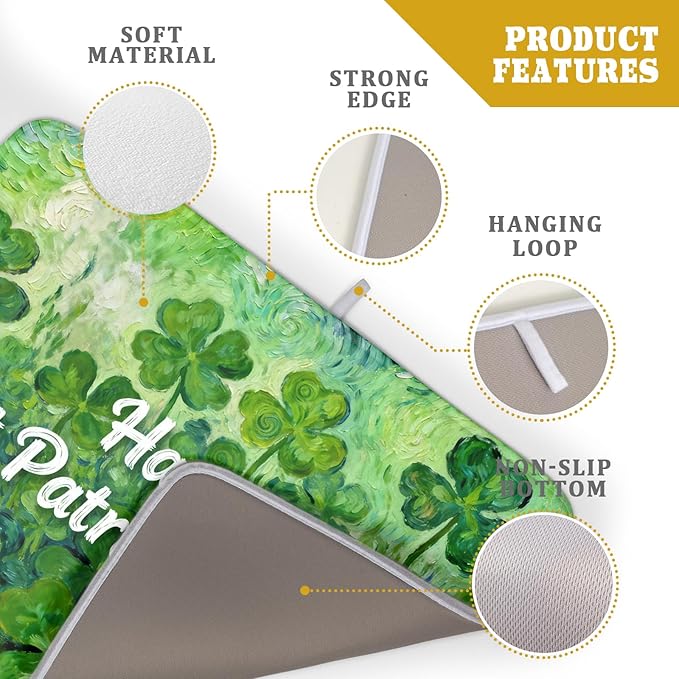 St Patricks Day Lucky Clover Dish Drying Mat for Kitchen Counter 18x24 Green Shamrock Happy Holiday Theme Absorbent Reversible Microfiber Drying Mats Kitchen Countertop Protector Dishes Drainer Pad - Image 4