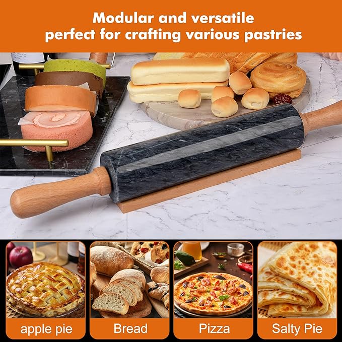 18.5 inches Marble Rolling Pin,Large Non-Stick Dough Roller,for making pizza, cookies,pie crusts, and pasta.with Silicone Pastry Mat,Stainless Steel Scraper,and Small Wooden Roller Pin(Black)
