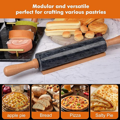18.5 inches Marble Rolling Pin,Large Non-Stick Dough Roller,for making pizza, cookies,pie crusts, and pasta.with Silicone Pastry Mat,Stainless Steel Scraper,and Small Wooden Roller Pin(Black)