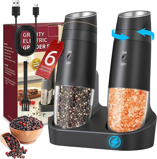 Gravity Electric Salt and Pepper Grinder Set Rechargeable Automatic Shakers Mill Grinder with LED Light, Adjustable Coarseness One Hand Operation, USB-C BatteryPowred, Gift for Home Chefs, 2 Pack
