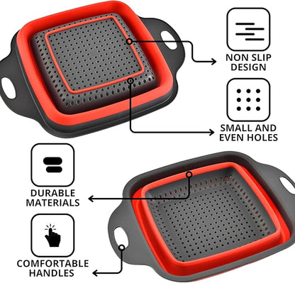 Square Collapsible Colander with Handles – Red Square Silicone Kitchen Strainers with Plastic Handles Foldable Kitchen Strainer Perfect for Draining Pasta Vegetable and Fruit Red
