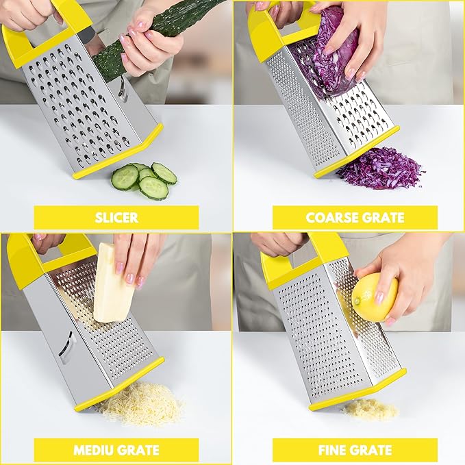 Urbanstrive Cheese Grater With Container, Professional Cheese Grater with Handle, Stainless Steel Graters for Kitchen Handheld, Box Grater with 4 Sides for Vegetables, Ginger, Potatoes (Yellow) - Image 3